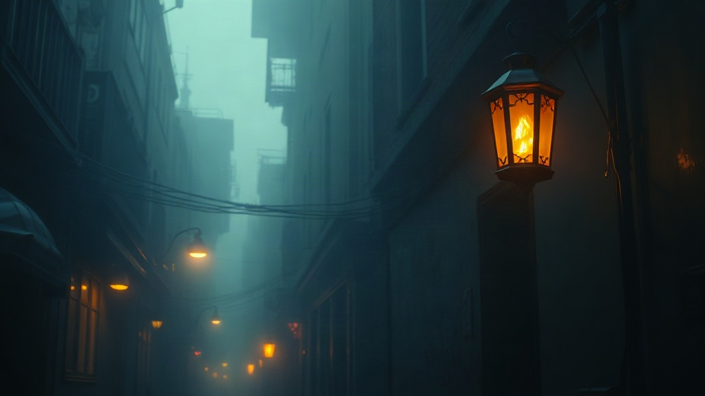 Foggy city alley with lantern light